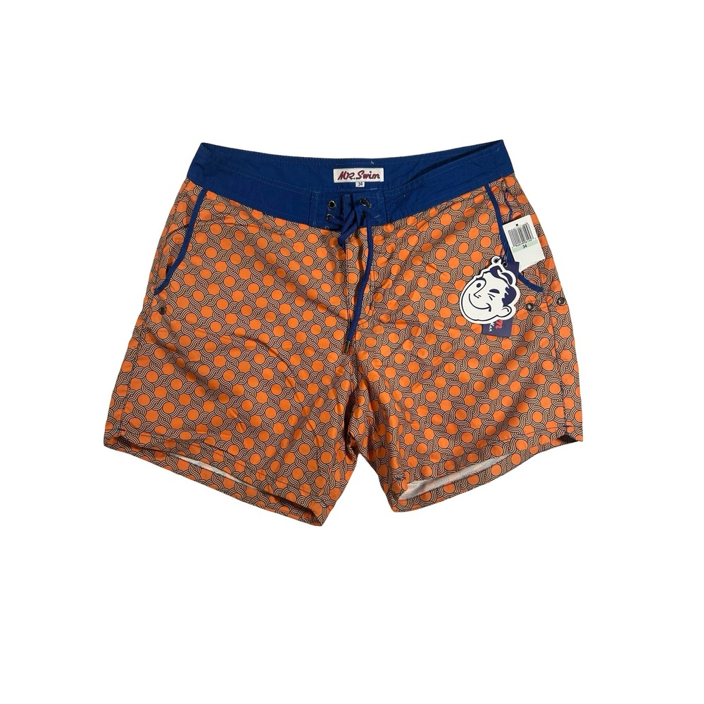 Mr. Swim Mens Board Shorts Orange Blue Geometric Print Swim Trunks Size 34 NWT
